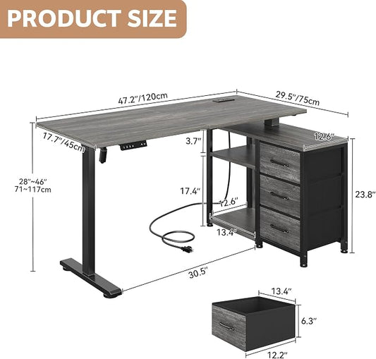 47 Inch L Shaped Desk with 3 Drawers Electric Standing Desks with Storage Computer Table Adjustable Height with Power Outlets 4 Memory Presets for Home Office, Grey