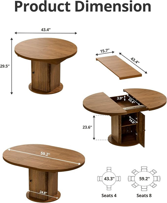 43"-59" Extendable Round Dining Table for 4-8 with Hidden Storage, Oval Dining Room Table with Removable Leaves, Modern Farmhouse Fluted Wood Kitchen Table for Living Room, Walnut