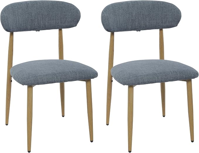 FREKEN Modern Upholstered Dining Chairs Set of 2, Mid-Century Metal Frame with Wood Grain, Linen Fabric Side Chair for Kitchen Dining Room, 350lbs Capacity, Grey