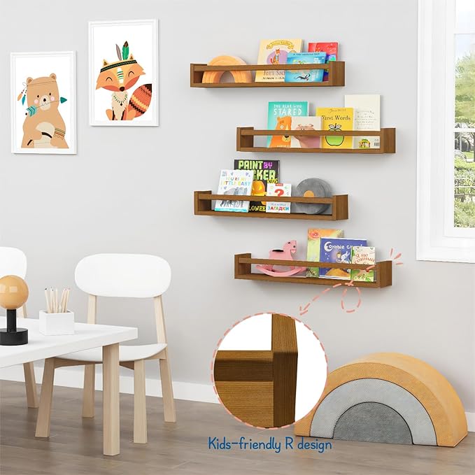 Forbena 24 Inch Wooden Floating Nursery Book Shelves for Wall, Walnut Nursery Bookshelf Wall Mounted for Kids Bedroom, Large Kids Floating Bookshelves for ChildToys Classroom Books Decor (Dark Brown)