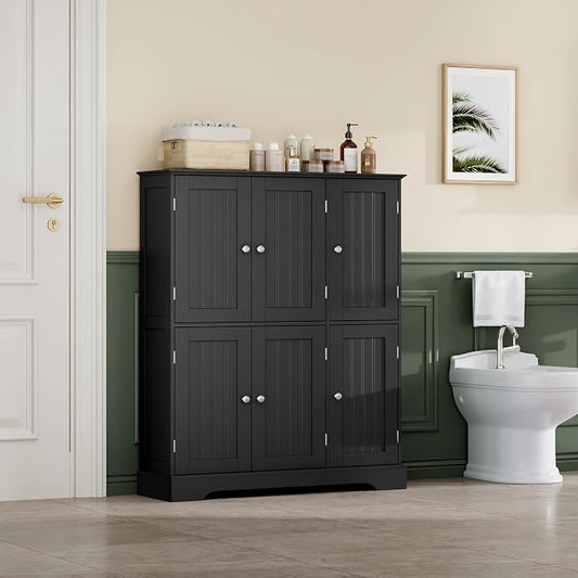 ChooChoo Bathroom Floor Cabinet, Modern Bathroom Storage Cabinet with 6 Doors and Adjustable Shelves, Freestanding Cupboard for Living Room, Black
