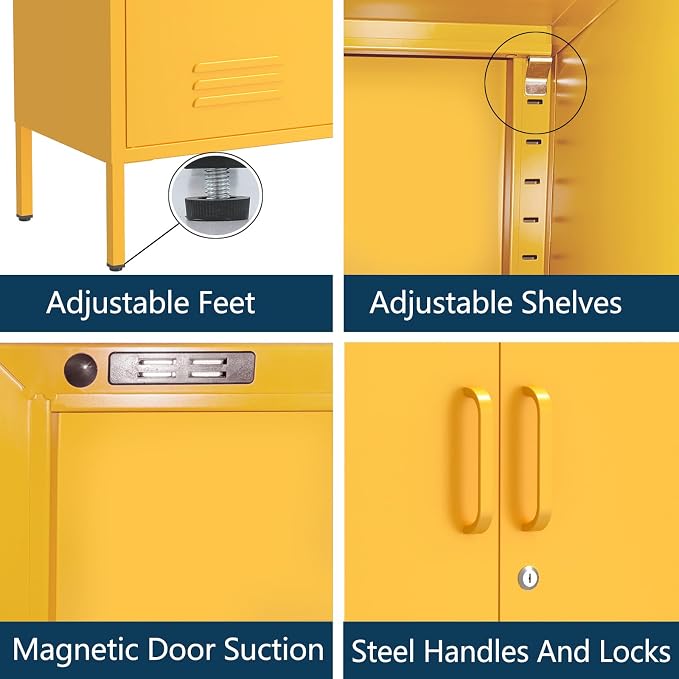 Multipurpose Accent Cabinet Locker, Metal Storage Cabinet with 2 Adjustable Shelves, Heavy Duty & Lockable Organizer Made of Thickened Steel, Easy Assembly for Home, Entryway, Yellow