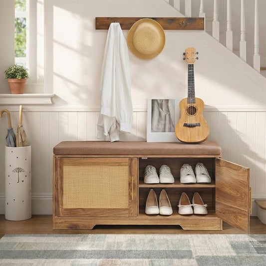 HOOBRO Faux Rattan Shoe Storage Bench with Cushion, Boho Entryway Bench with 2 Doors and Adjustable Shelves, Pet-Proof Hidden Shoe Cabinet for Hallway, Living Room, 39.2" L, Natural, CE53HX01