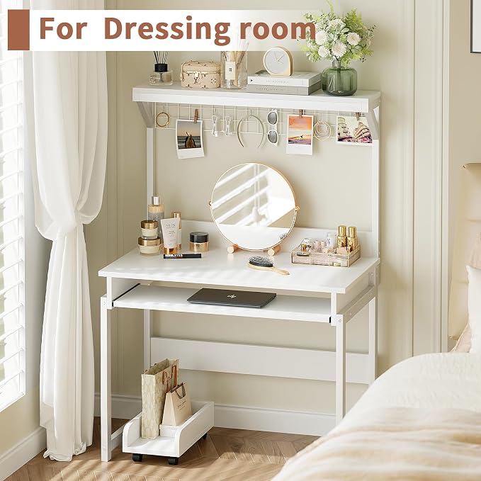 ALISENED 31.5" Small Computer Desk with Hutch, Office Desk with Workstation PC Table, Keyboard Tray & Storage for Gaming, Working, Studying, Space-Saving Design, Easy Assembly,White