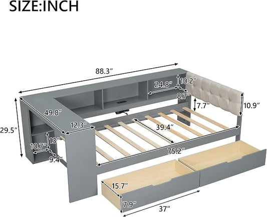Bellemave Twin Corner Bed Frame with Storage Shelves and Desk, Wood Twin Size Daybed with Bookcase and Drawers and Upholstered Headboard, Gray