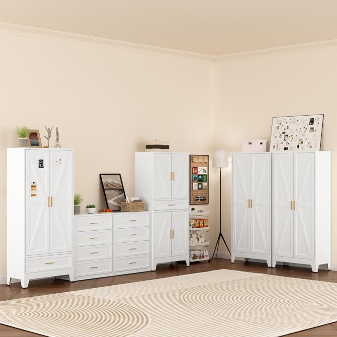 COFaR Metal Storage Cabinet, Farmhouse Storage Cabinet with 2 Doors and 4 Adjustable Shelves - 71" White Kitchen Pantry Storage 5-Tier Tall Steel Cabinets Locker for Kitchen, Living Room, Dining Room