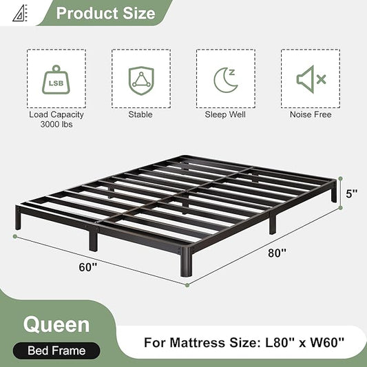 Lutown-Teen 5 Inch Low Queen Bed Frame with Rounded Corner Legs, 2000 LBS Heavy Duty Metal Queen Platform Bed Frame No Box Spring Needed, Noise Free, Easy Assembly