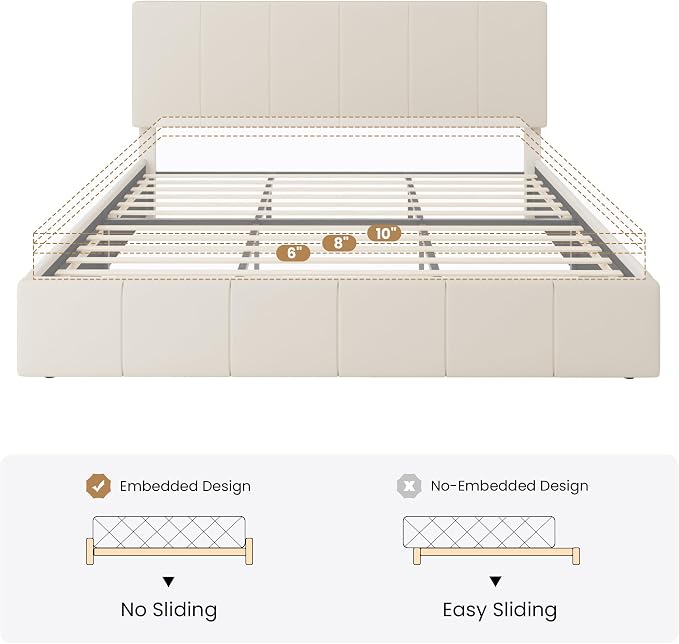 SHA CERLIN King Size Bed Frame, Dutch Velvet Upholstered Platform Bed, Vertical Channel Tufted Adjustable Headboard, Low Profile Bed Frame, No Box Spring Needed, Easy Assembly, Cream