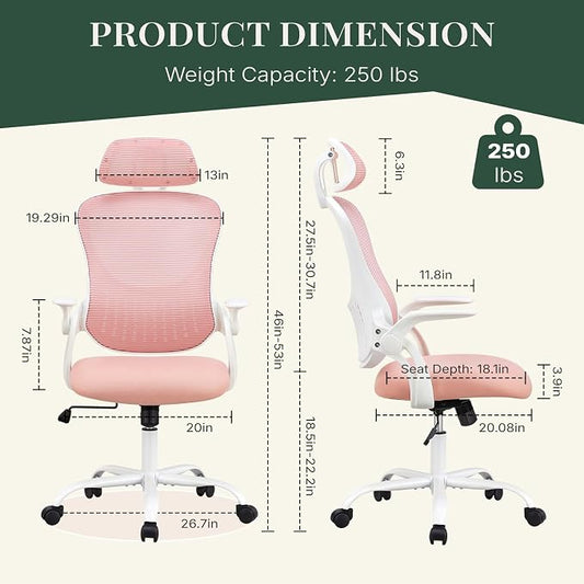 Ergonomic Office Chair, Comfy Desk Chair with Wheels, Adjustable Headrests, Flip-Up Armrests, Breathable Mesh High-Back, Comfortable Swivel Seating for Home Computer, Pink