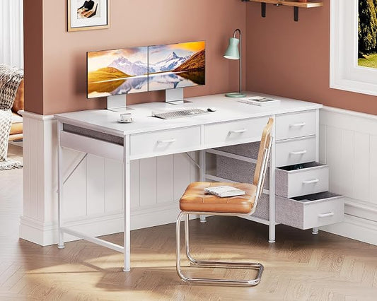 Casaottima 48 Inch Computer Desk with 6 Drawers, Reversible Storage Desk for Home Office, Work Study Table for Bedroom, White