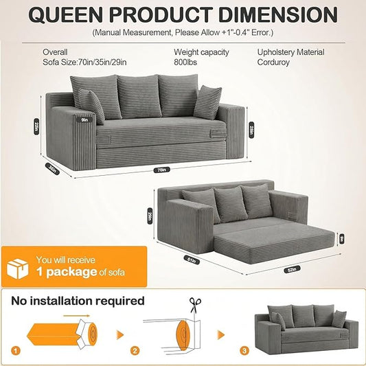 Oversize Loveseat Boneless Convertible Sofa Bed, Folding Floor Futon Sleeper Sofa Queen Size Couch Bed- Boneless Foldable Couch, Corduroy Pull Out Sofa Bed with 5 Pillows for Living Room & Bedroom