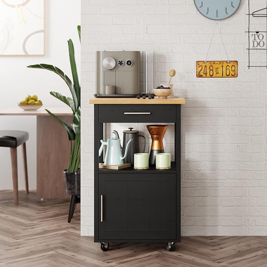 Shintenchi Kitchen Island Cart with Storage,Rolling Kitchen Island Side Table on Wheels with Worktop,Single Door Storage Cabinet and Drawer for Kitchen,Dinning Room, Black