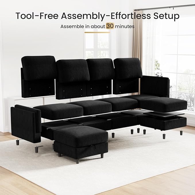 KKL 6 Seater 108‘’ Sofa Bed with Storage Ottoman - Convertible L/U-Shaped Sleeper Couch for Living Room, Modular Sectional Sofa Couch, Modern Reversible Design (Black,6 Seater U Shape)