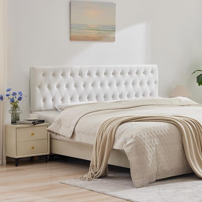 Tufted Upholstered Queen Size Bed Headboard in Modern Button Design, Adjustable Solid Wood Head Board, Premium Velvet Fabric Padded Headboards in Bedroom (White)