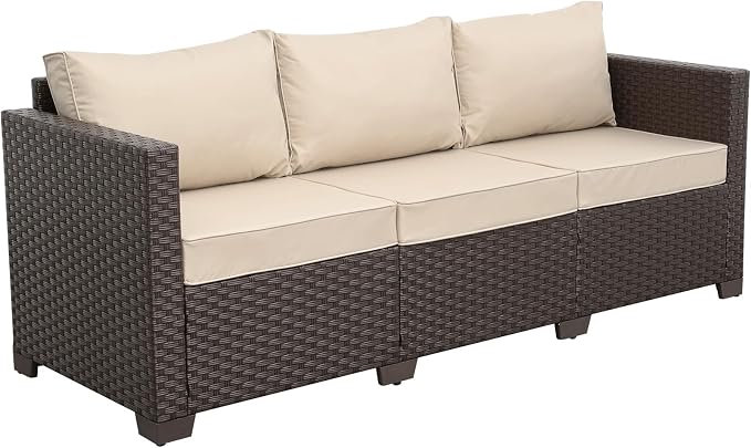 Valita Patio Furniture 3-seat Sofa Brown Wicker Outdoor Furniture Outdoor Couch Deep Seat High Backrest Waterproof Cover Anti-Slip Washable Cushions, Khaki