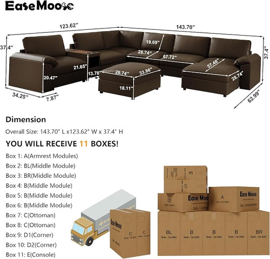 EASE MOOSE Faux Leather Sectional Couch with Console,Oversized Modular Sofa,Modern Comfy Modular Couch,Scratch Resistant Material Sofas,U Shaped Couch for Big Spaces,Deep Brown
