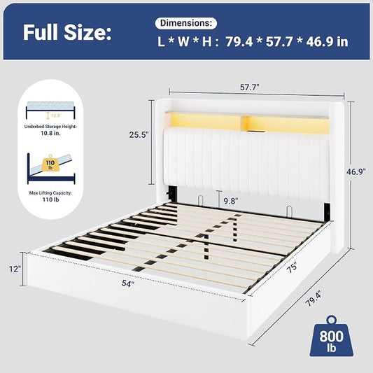 Allewie Full Size Lift Up Hydraulic Storage Bed Frame, 2-Tier Shelf Headboard with LED Lights and Charging Station, USB and Type C Ports, Wingback Velvet Headboard, No Box Spring Needed, White