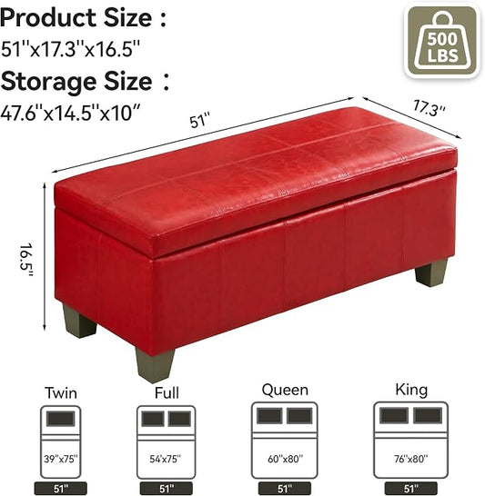 WUTUTUEE 51" Faux Leather Storage Ottoman, Stitch Tufted Rectangle Upholstered End of Bed Storage Bench, Entryway Large Couch Ottoman with Wooden Legs,Red