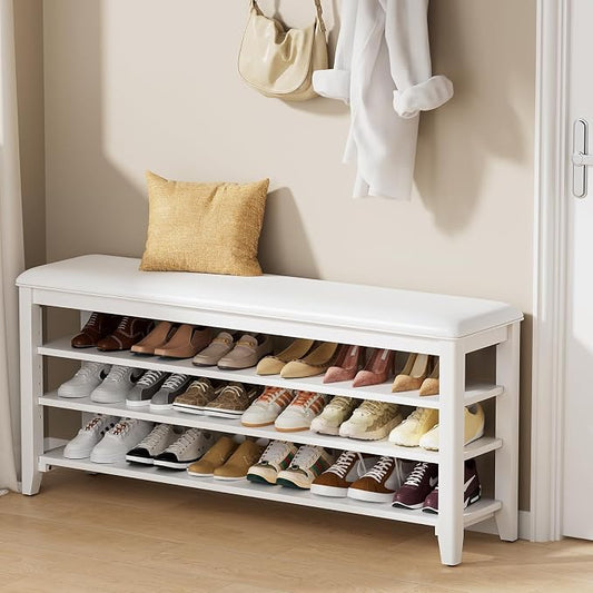 Shoe Rack Bench Entryway Storage with Leather Cushion, Shoe Organizer Bench for Entryway, Ideal for Front Doors Entrances Hallway Mudroom Featuring Rubberwood And 3 Height-Adjustable Removable Shelve