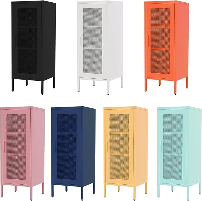 Slim Metal Storage Cabinet with Mesh Doors - 42'' Tall Narrow Organizer Tower, Compact Freestanding Cabinet, Versatile Utility Storage for Home, Office, Kitchen, Living Room, Durable and Modern Design