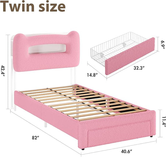 GarveeHome Led Twin Bed Frame for Kids with Drawer, Upholstered Sturdy Platform Bed with Storage Headboard and Charging Station, Noise Free, Easy Assemble, for Girls/Boys, Pink