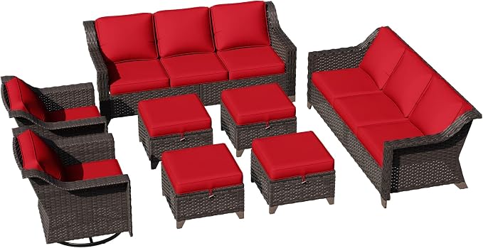 8 Pieces Patio Conversation Furniture Set - 2 Sofas, 4 Ottomans, 2 Swivel Chairs, 1 Side Table, Outdoor Wicker Furniture with Removable Cushions for Porch, Balcony, Sunroom (Red)