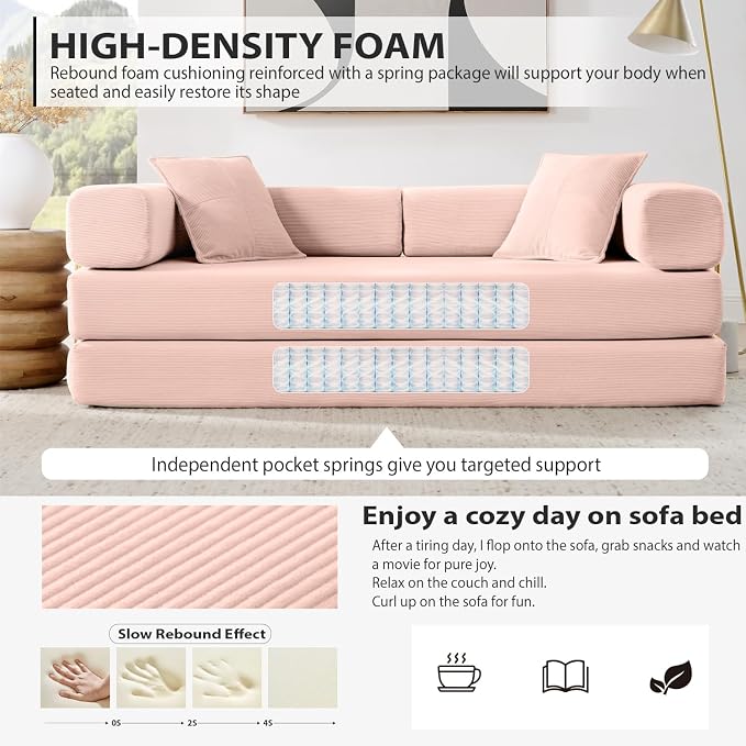 HANXIN Convertible Sleeper Sofa Bed, 78 Inch Folding Floor Mattress Couch with Fixed-Shape Frame, Futon Boneless Couch Lounge Loveseat with Pull Out Bed, No Assembly Required, Pink