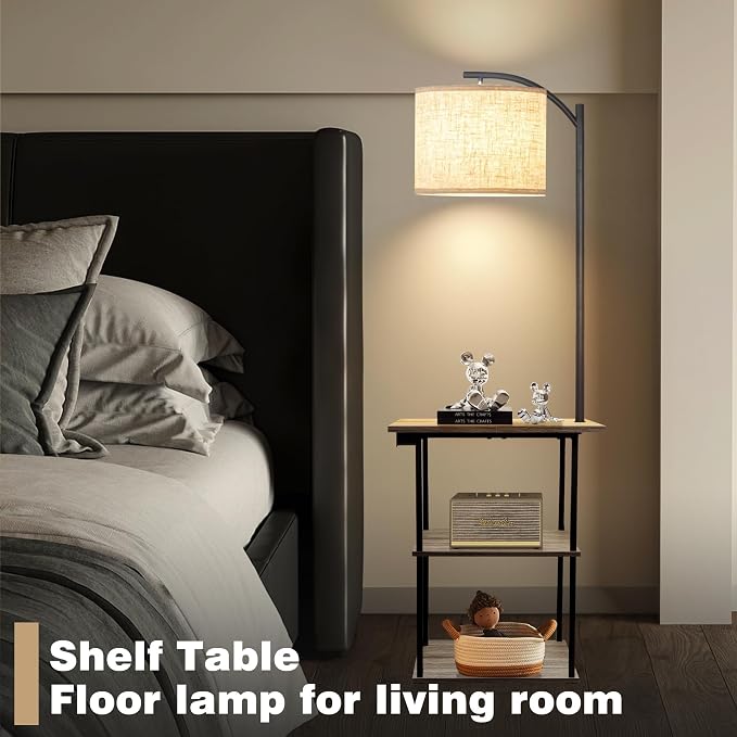 PESRAE Floor Lamp with Tables, End Table with Charging Station(USB & Type-C & AC Port), 3 Color Temperatures 9W LED Bulb, Modern Shelves Side Table for Office, Living Room