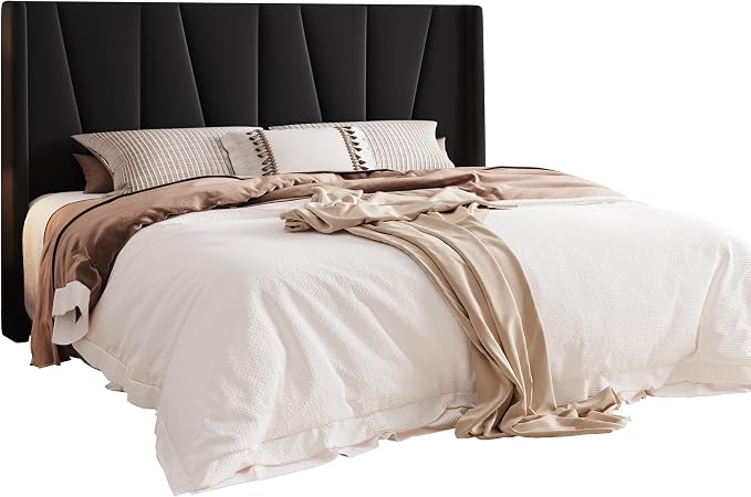 Allewie King Size Platform Velvet Bed Frame with Geometric Wingback Headboard, Boho Upholstered Bed with Wooden Slats Support, No Box Spring Needed, Easy Assembly, Black