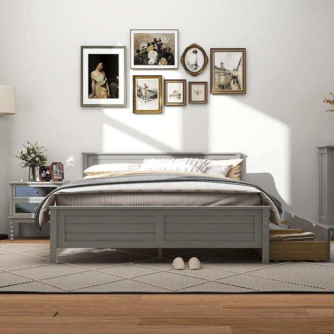 GOFLAME Full Size Bed Frame with 2 Drawers, Platform Bed with Solid Wood Headboard & Footboard, Wood Slats Support Mattress Foundation, Under Bed Storage, No Box Spring Needed, Easy Assembly, Grey
