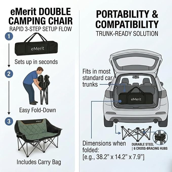 EMERIT 3 Person Camping Chair,900lb Heavy Duty Triple Loveseat Wide Padded Folding Couch for Adults & Family