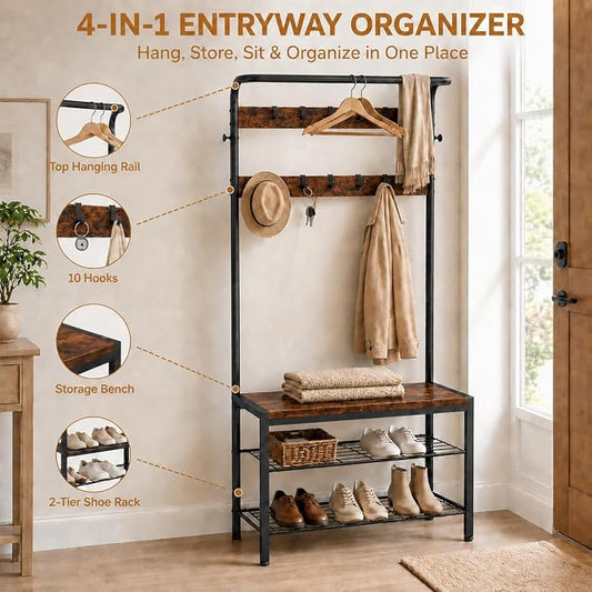 Simple Deluxe 4-in-1 Entryway Coat Rack, Hall Tree with Bench and Shoe Storage, Mudroom Bench with Storage and 10 Hooks Hall Tree Organizer for Entryway, Bedroom, Brown
