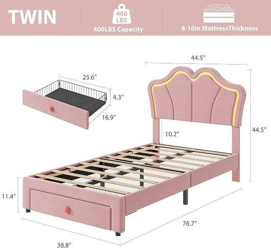 Garvee Twin Bed Frame with Storage, Upholstered LED Bed Frame with Headboard, Cute Velvet Platform Bed Frame for Kids, Girls, Solids Wood Slats Support, No Box Spring Needed, Easy Assembly, Pink