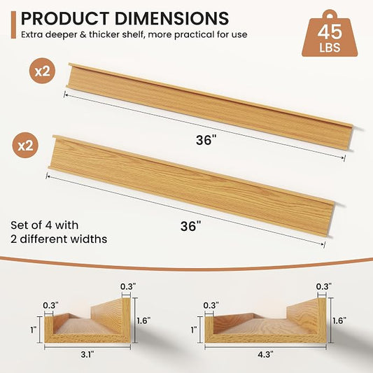 Fun Memories Picture Ledge Shelves Set of 4, 36 Inch Rustic Wall Mounted Floating Shelves with Lip for Home Storage and Décor in Bathroom, Kitchen, Nursery, Bedroom, Living Room, Oak