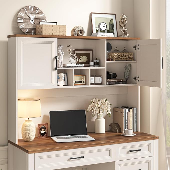 Vabches Farmhouse Executive Desk with 4 Drawers and Storage Cabinet, Rustic Large Home Writing Desk with Hutch, Workstation for Bedroom, White