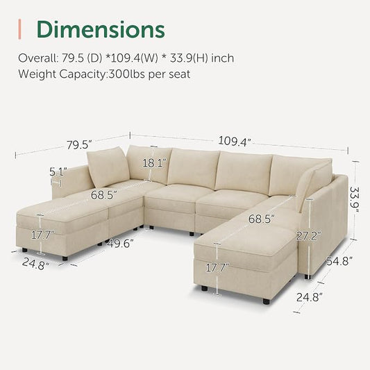 HONBAY Modular Sectional Sofa Couch with Storage, Modern U Shaped Sectional Sofa, Convertible Couches for Living Room - Beige