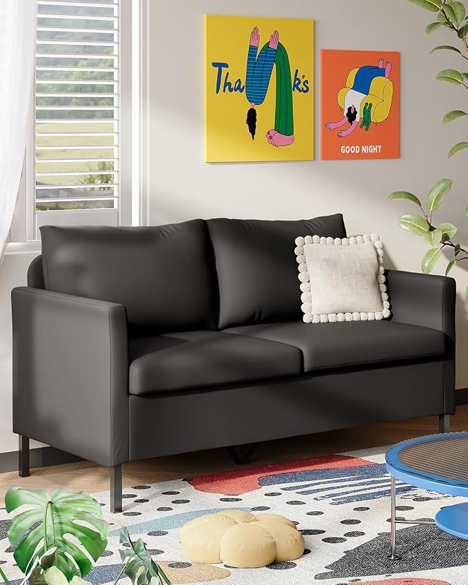 TYBOATLE Faux Leather Small Couches for Small Spaces, Comfy Modern Upholstered Black Love Seat for Bedroom, 2 Seater Mini Couch for Apartment, Dorm, Office