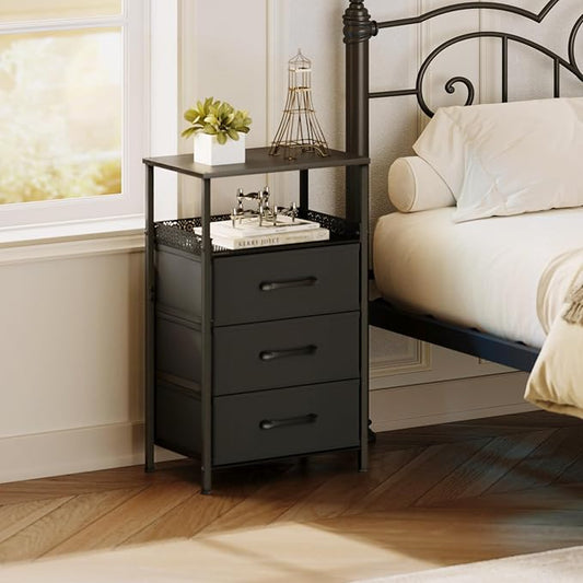 JARHETUN Nightstand Set of 2, Night Stands with 3 Fabirc Drawers, 26.4 Inch Tall Bedside Table with Metal Shelf, Modern Side End Table Storage Furniture, Small Dresser for Bedroom, Black
