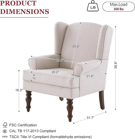 HUIMO Printed Wingback Accent Chair, Linen Upholstered High Back Armchair, Comfy Reading Chair for Living Room Bedroom Study, 300lbs Weight Capacity (1, Tan with Lines)