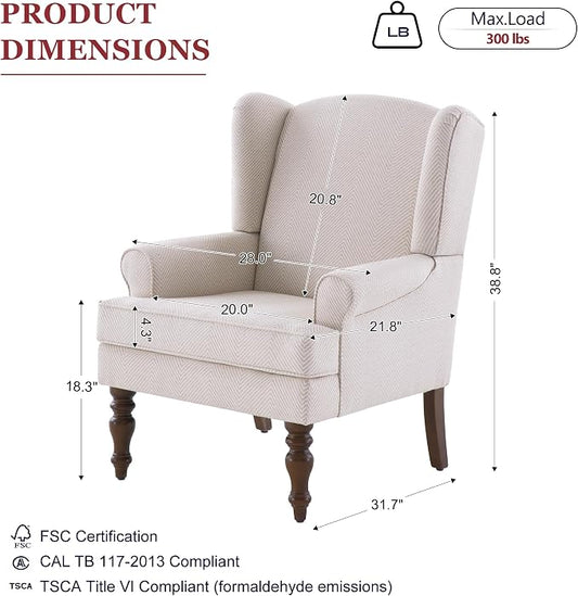 HUIMO Living Room Chair Upholstered High Back Armchair Retro Printed Wingback Chair in Linen for Bedroom & Study Comfy Accent Sofa Chair Reading Chair Holds 300lbs (2, Tan with Lines)