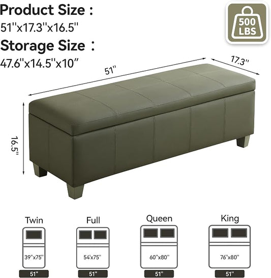 WUTUTUEE 51" Faux Leather Storage Ottoman, Stitch Tufted Rectangle Upholstered End of Bed Storage Bench, Entryway Large Couch Ottoman with Wooden Legs,Green