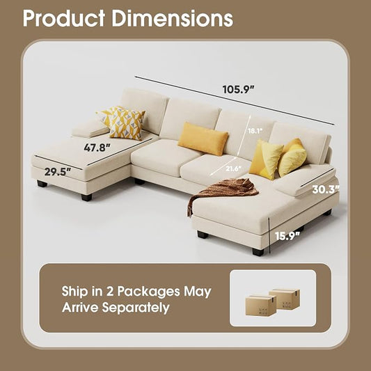 Furmax Sectional Couches for Living Room, U-Shaped Sofa Couch with Linen Fabric, 4 Seat Sofa Set with Double Chaise for Apartment (Chenille, White)