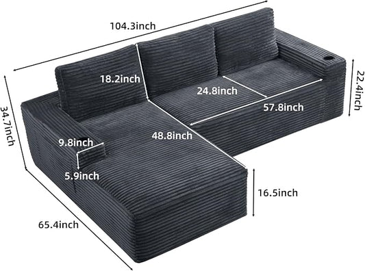 104" L Shaped Boneless Sectional Couches for Living Room, Comfy Corduroy Floor Cloud Sofa with Chaise and Cup Holder, Wide Armrest, Deep Seat, Assembly Free, Ideal for Small Spaces, Grey
