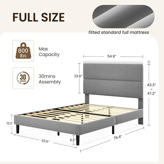 GRUSIGN Full Size Platform Bed Frame with Velvet Headboard, Adjustable Height Wooden Slats Support, Upholstered Mattress Foundation, Fits Mattress or Mattress with Box Spring, Easy Assembly, Grey