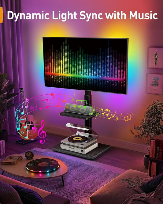 Perlegear Floor TV Stand with LED Lights for 34-75 inch TVs up to 110 lbs, Max VESA 600x400mm, Swivel, Tilt, 12 Height Levels, TV Backlights with Music Sync, Solid Wood Base, PGFS21B