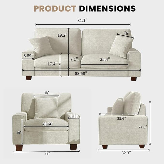DOPEDIO Modern Living Room Sofa Set, 88.58" Chenille Loveseat with 2 Accent Chairs, Removable Covers, Spring Cushions, Solid Wood Frame, Easy Assembly(88.58inch+2 Single,Beige)