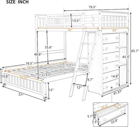 Merax Twin Over Full Bunk Bed with 6 Drawers and 3 Flexible Shelves, Wooden Bunk Bedframe with Storage and Movable Lower Bed, No Box Spring Needed