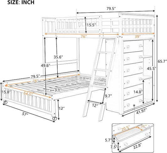 Merax Twin Over Full Bunk Bed with 6 Drawers and 3 Flexible Shelves, Wooden Bunk Bedframe with Storage and Movable Lower Bed, No Box Spring Needed