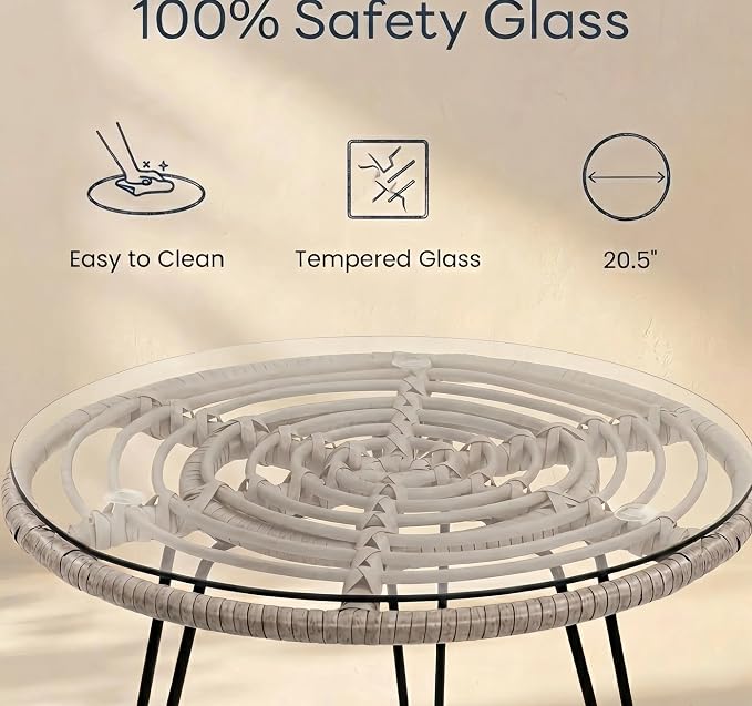 3-Piece Patio Furniture Set, Wicker Bistro Set with 2 Cushioned PE Rattan Armchairs and Glass Top Coffee Table, Small Conversation Set for Balcony, Porch, Backyard, Grey/Grey