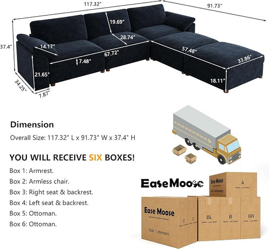 EASE MOOSE Blue Modular Sectional Couch,Oversized Deep Seat L Shape Sectional Couch,Comfty Modular Sofa for Living Room, Removable Cover